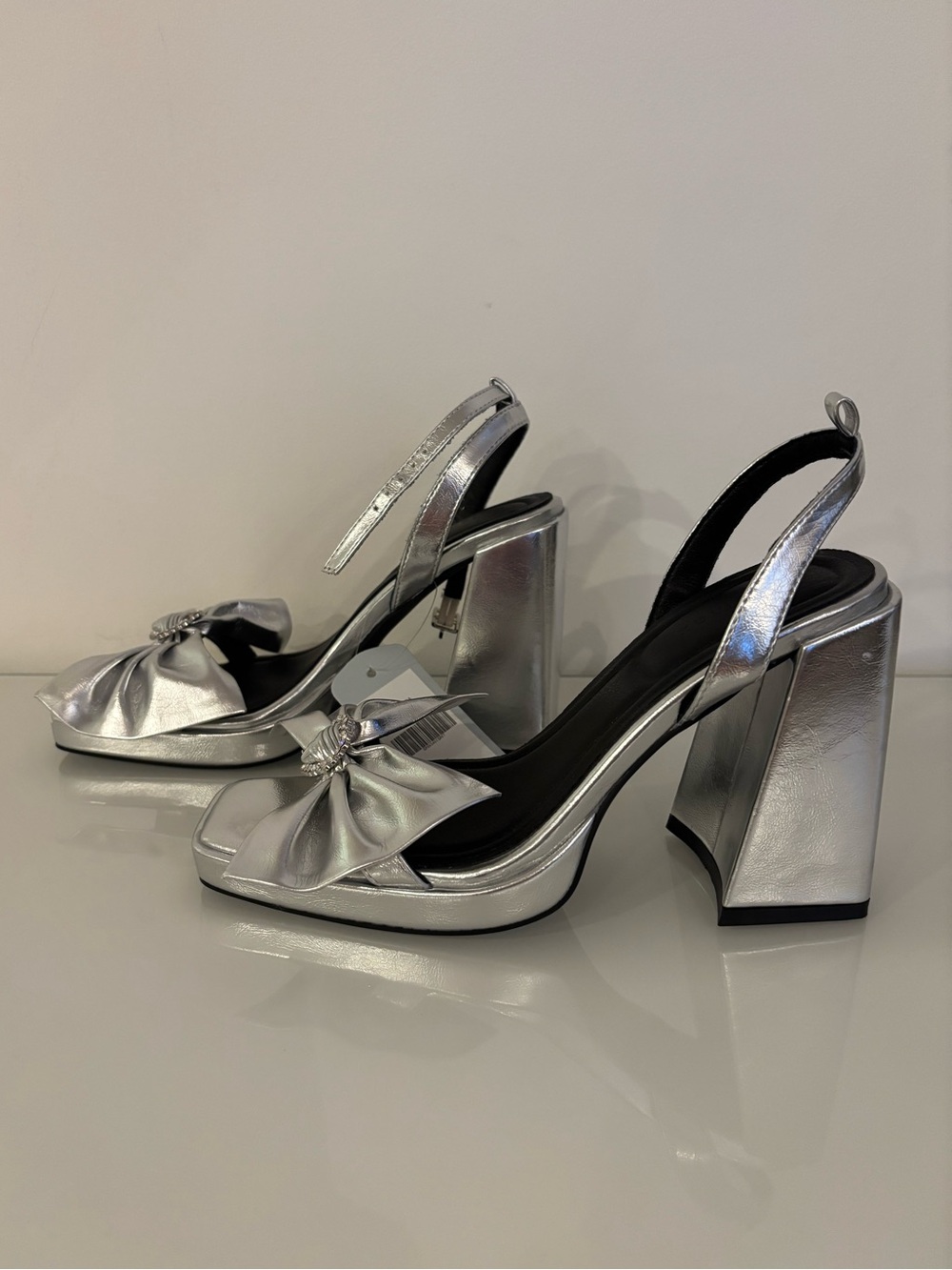 Lulamax Liora Silver Metallic Rhinestone Bow Block Heels